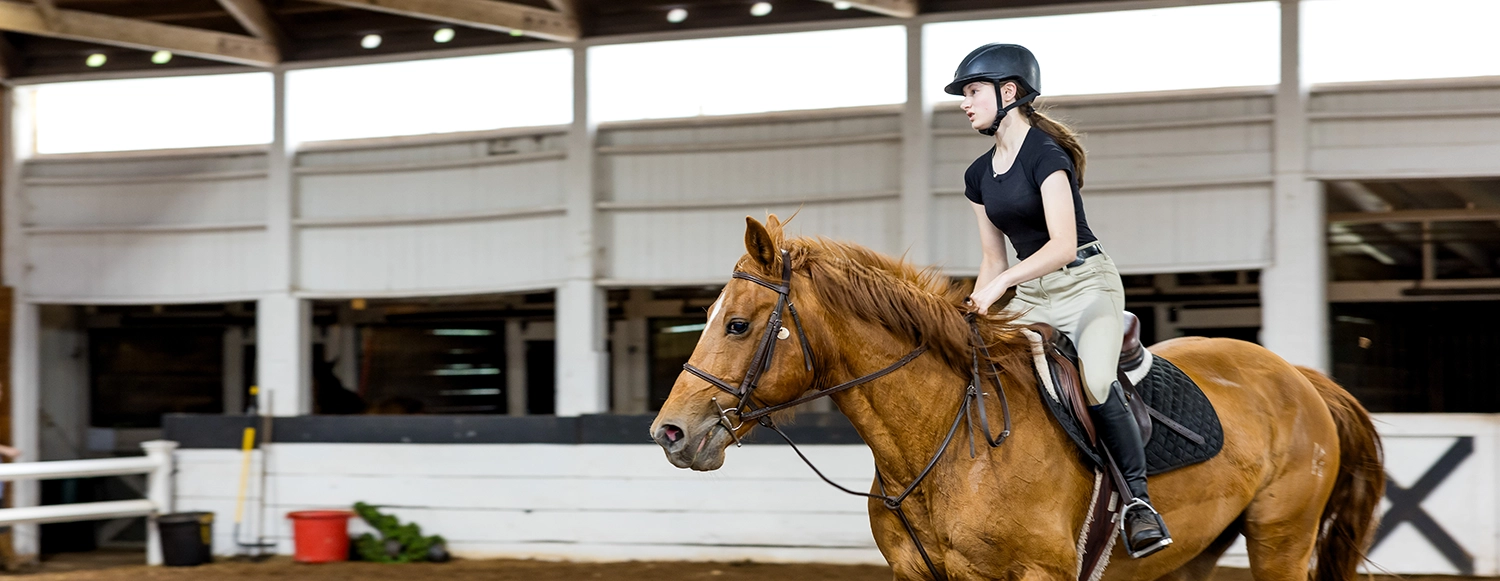 A young person wearing riding gear and helmet rides a brown horse inside an indoor arena, with stables and equipment visible in the background.