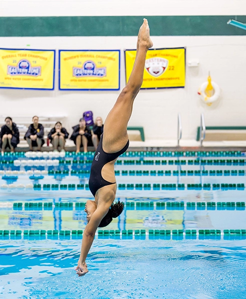 A diver in a black swimsuit performs a handstand dive above a swimming pool, with spectators and yellow banners in the background.