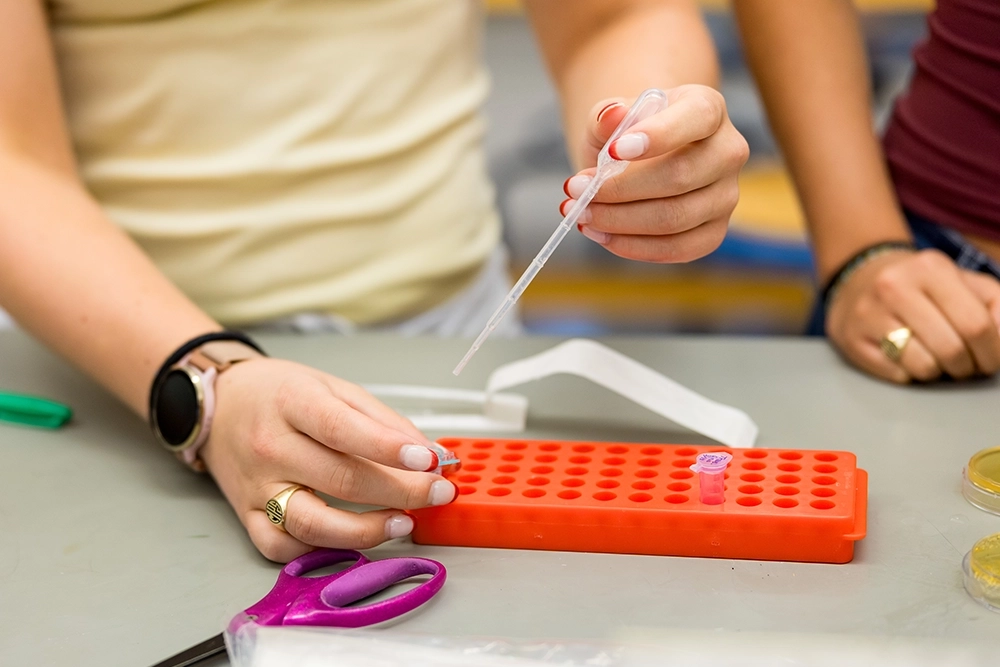 A person uses a pipette to place liquid into a small vial in an orange test tube rack. Scissors, a wristwatch, and other lab items are on the table. Another person stands nearby.