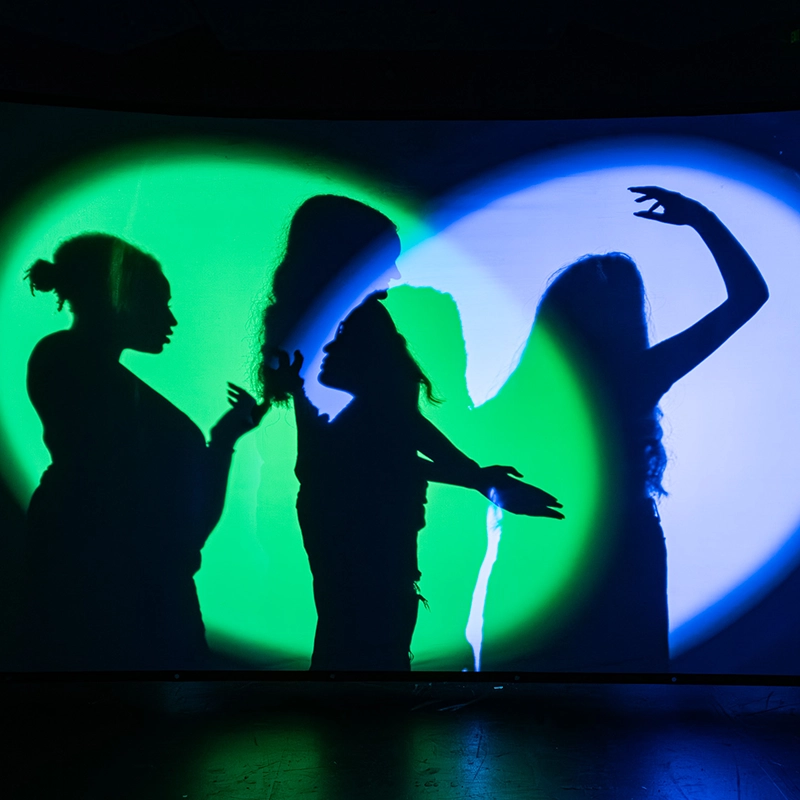 Four people pose artistically, casting dramatic shadows on a screen lit with overlapping blue and green lights, creating a vibrant and dynamic silhouette effect.