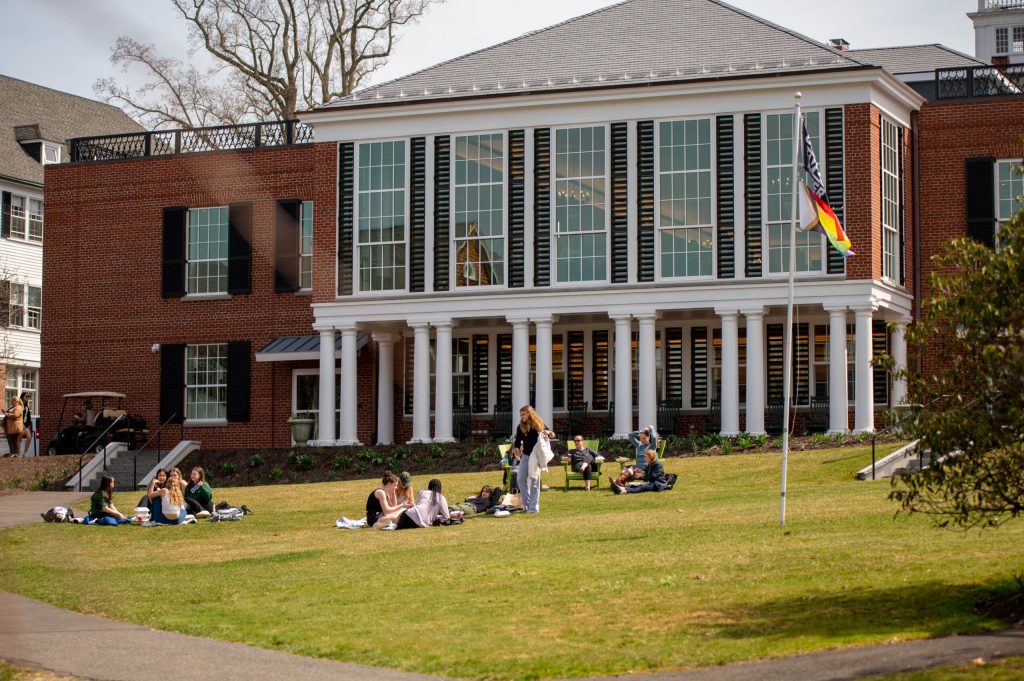 Students on lawn outside of Main building at Miss Porter's School