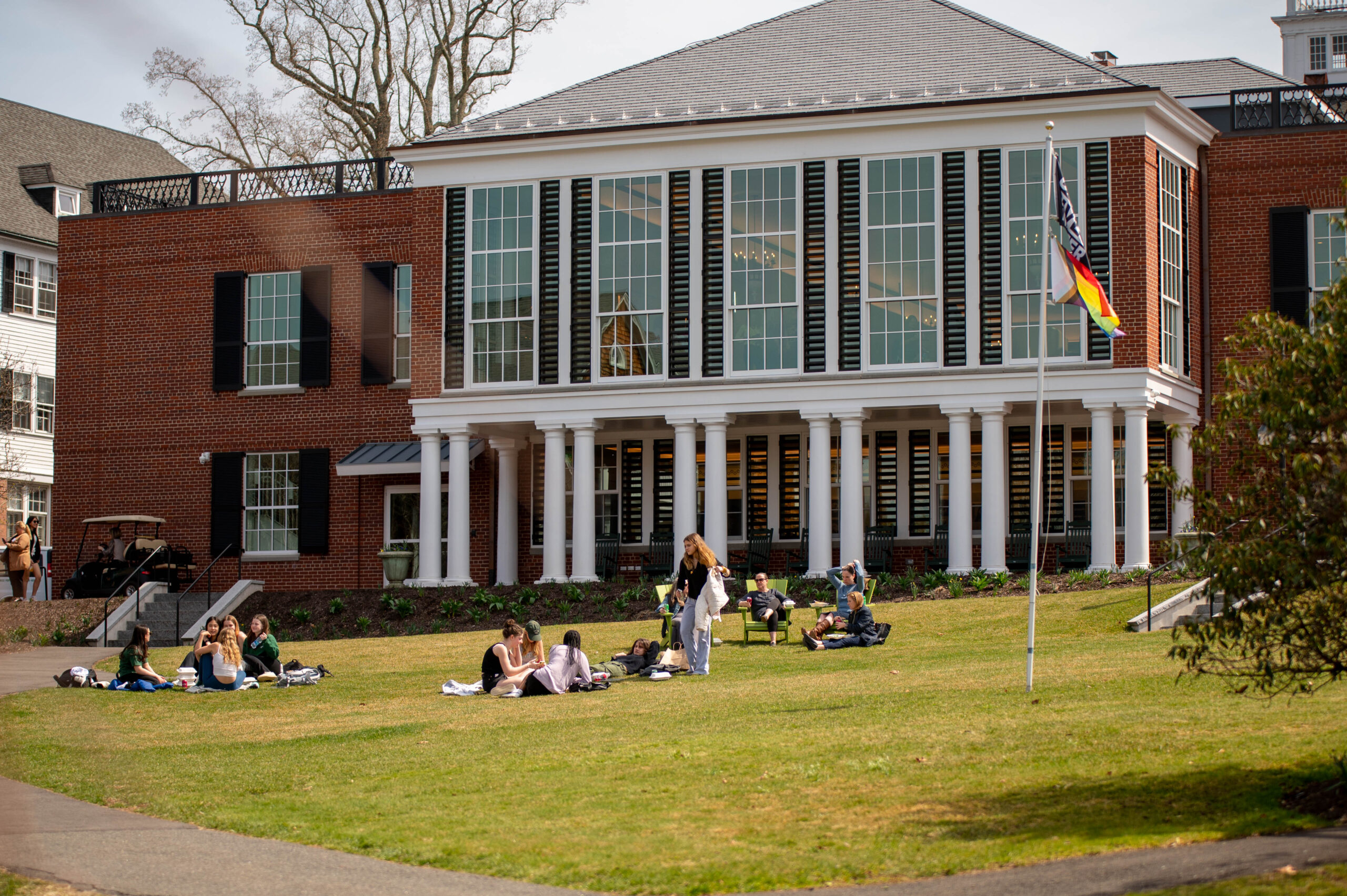 Students on lawn outside of Main building at Miss Porter's School