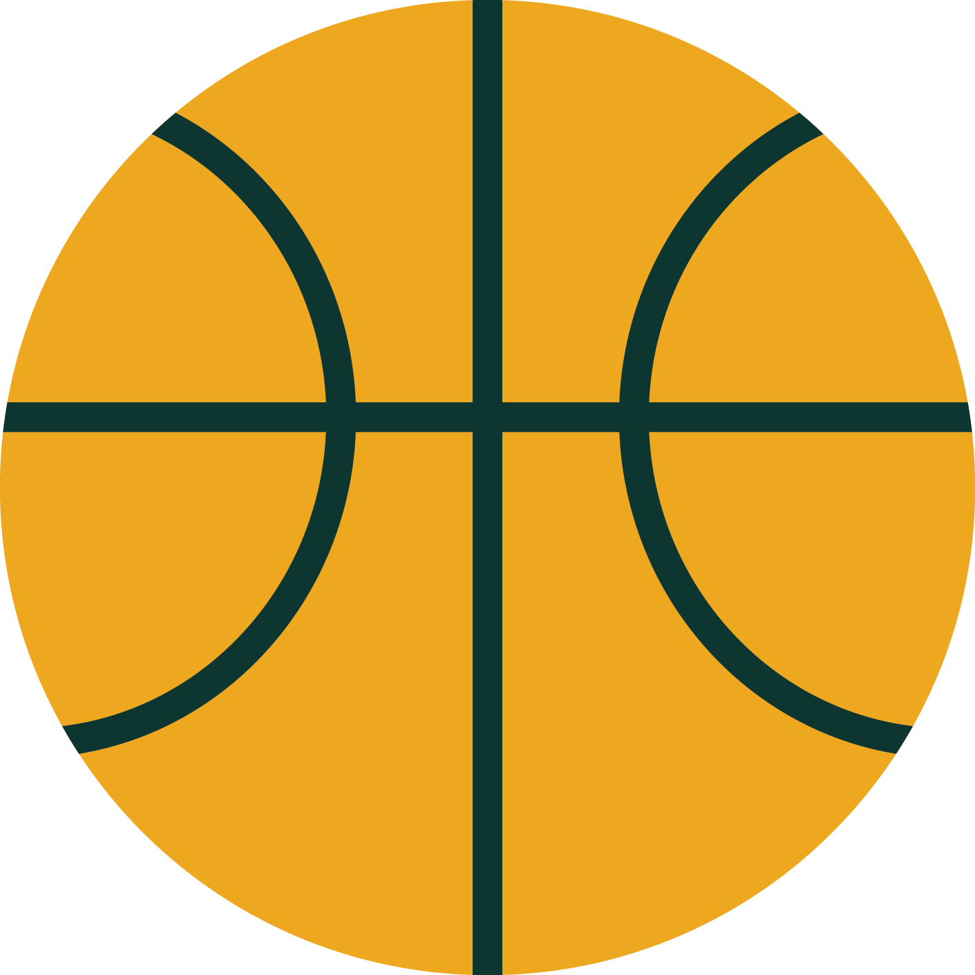 A simple graphic of an orange basketball with black curved and straight lines forming its characteristic pattern.