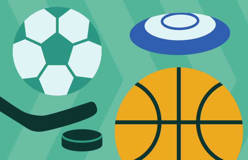 Illustration of a soccer ball, hockey stick and puck, frisbee, and basketball on a green background with diagonal stripes.